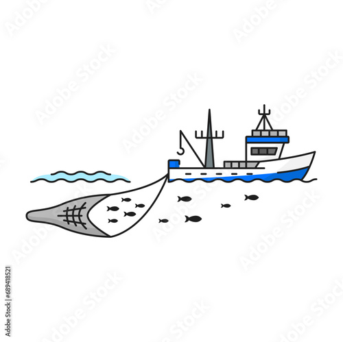 Fishing industry boat catching fish line icon. Seafood production or aquaculture technology thin line vector icon. Offshore fishing equipment, trawler boat catching fish shoal in net outline pictogram