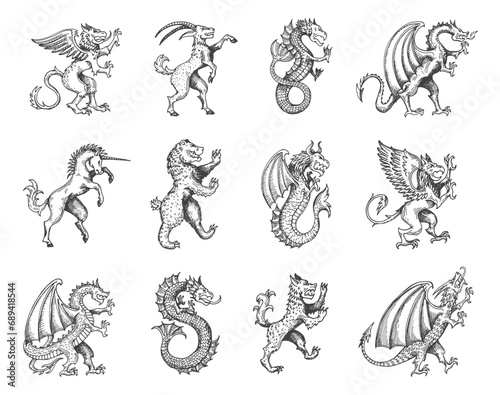Medieval heraldic animals and monsters, vintage heraldry or tattoo sketch vector creatures. Fantastic mythic animals heraldic icons of eagle griffin, unicorn and dragon, rampant lion, bear and goat photo