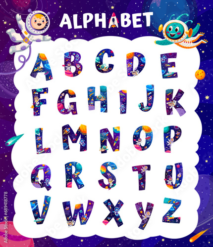 Cartoon space alphabet, galaxy font, cartoon universe typeface, starry type. Vector typography letters of english alphabet with funny kid astronaut and alien characters, space planets, rockets and UFO