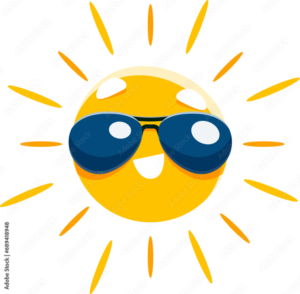 Cartoon cheerful sun character in sunglasses. Summer vacation and resort travel vector cheerful personage. Summer sunshine and hot weather isolated funny character, sun happy mascot in sunglasses