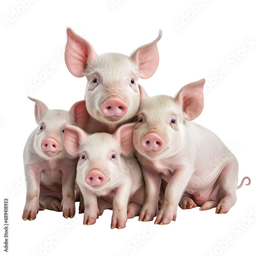 Portrait of family of  pink pigs on transparent background
