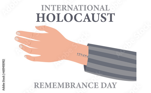 Banner for International Holocaust Remembrance Day with hand of concentration camp prisoner on white background
