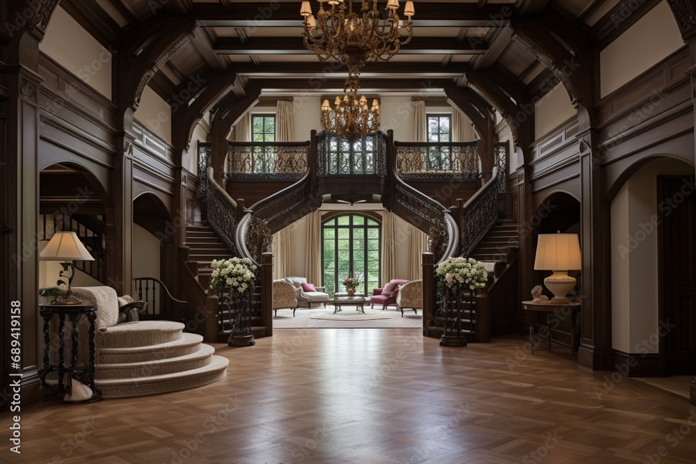Elegant hall in a New England estate style with wooden beams and vintage chandeliers.