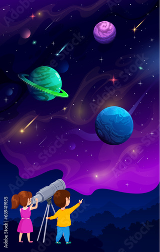 Boy and girl kids looking through telescope at night sky and space planets, vector starry galaxy. Planetary education and school astronomy science background with space planets in galactic sky