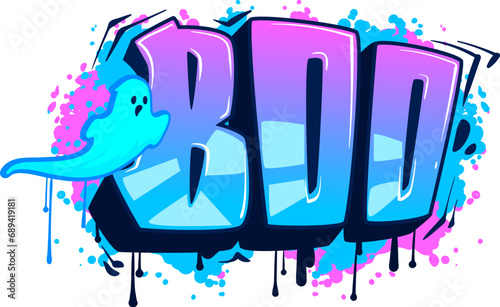 Boo lettering graffiti street art, urban style. Wall spray paint tag or grunge print, street art vector scribble. Hip Hop culture airbrush text with blue ghost, boo text and violet pink paint blobs