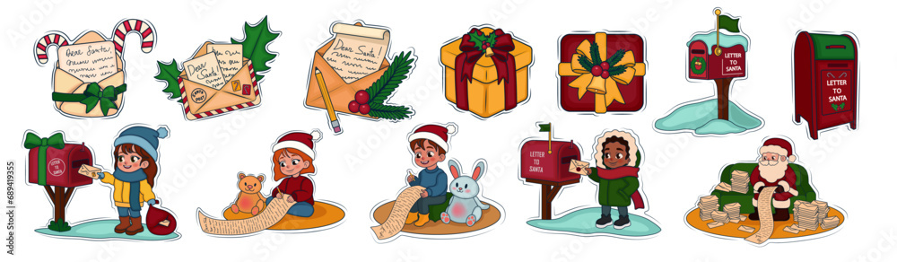 Set of stickers with little children, letters to Santa Claus and gifts on white background Set of stickers with little children, letters to Santa Claus and gifts on white background