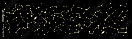 Space star constellation border. Galaxy night sky map, mystic astrology backdrop. Galaxy star constellation wallpaper, astronomy planetarium celestial panorama, pattern or esoteric zodiac vector print