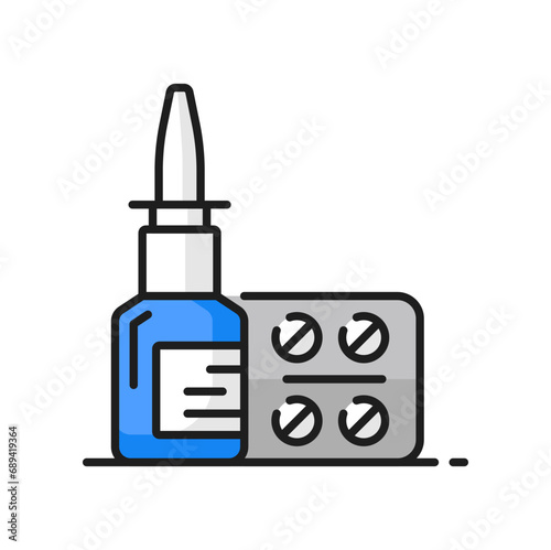 Allergy or respiratory disease treatment color line icon. Pharmacy product, medicines or medication outline icon. Disease, allergy treatment thin line vector sign with nasal drops, drugs blister