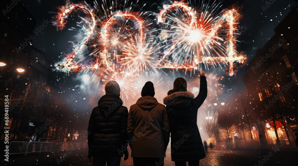 Firework explosion in the night sky celebrating happy new year 2024