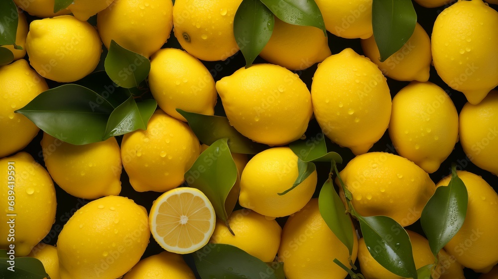 A pile of lemons with a slice of lemon on top, showcasing the vibrant yellow color and citrusy freshness.