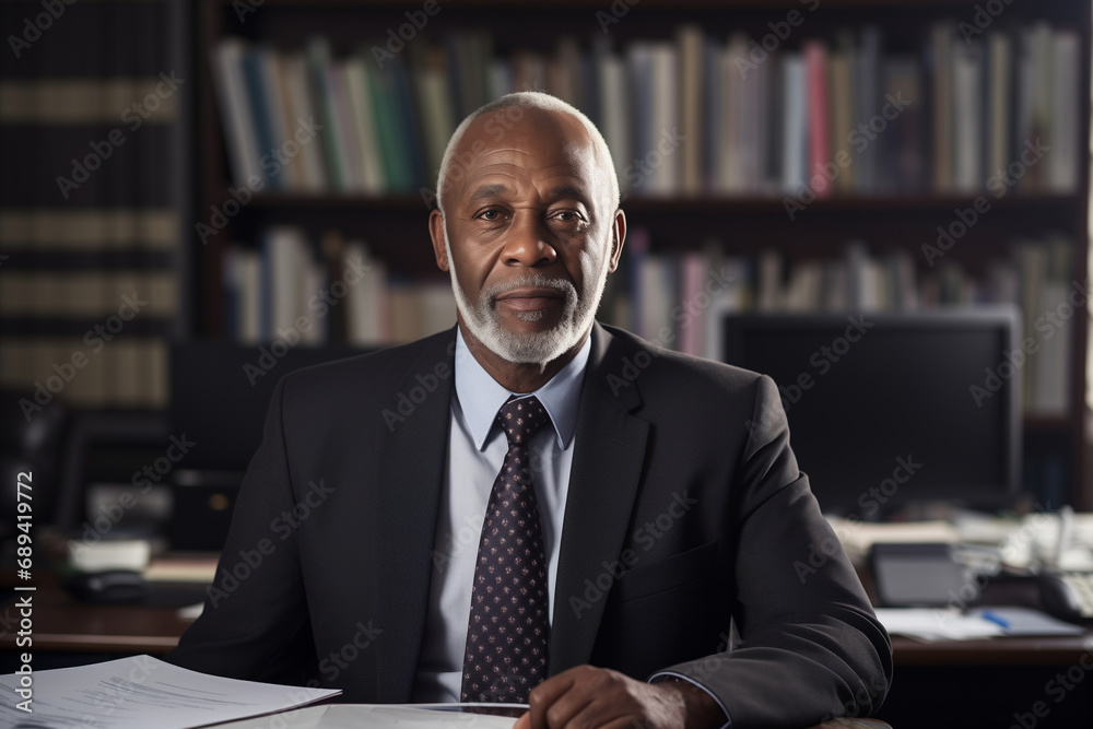 portrait of an African businessman in his 60s, in front of her desk, office background portrait of an African businessman in his 60s, in front of her desk, office background