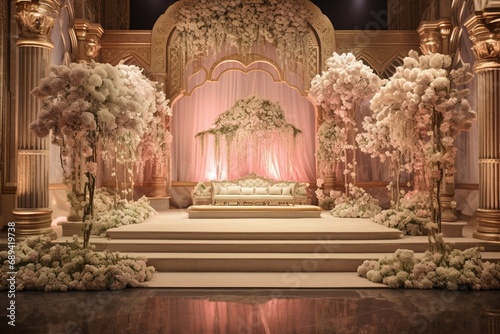 Grand stage adorned with beautiful backdrops and floral arrangements in a lavish wedding hall. © UMR