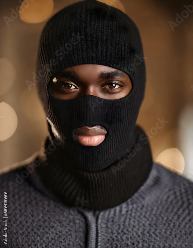 Black man with haute couture wool balaclava, streetwear modeling concept