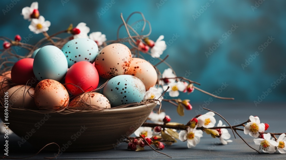 Basket with beautiful colorful Easter eggs.Generated AI.

