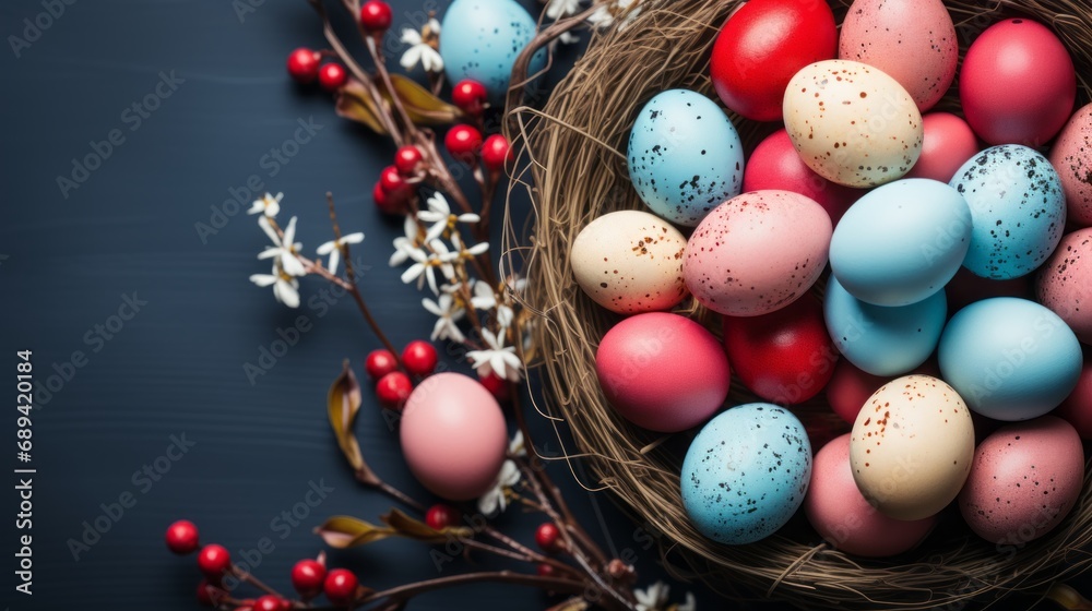 Colorful Easter eggs in a basket on a white background, top view. Blue background.Generated AI.
