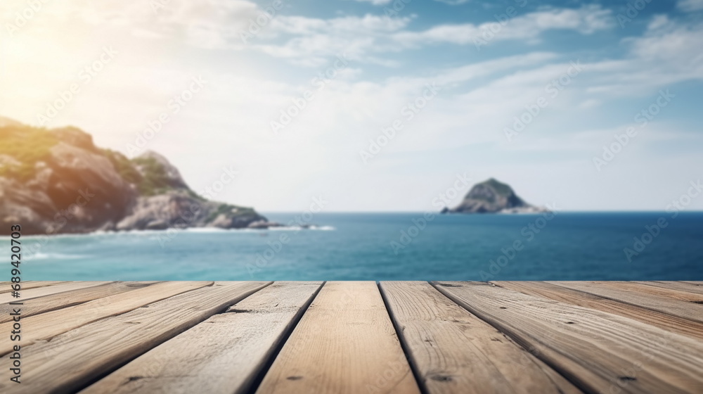 	
Wooden tabletop for product display at sea with rocky island at horizon background. Copy space	
