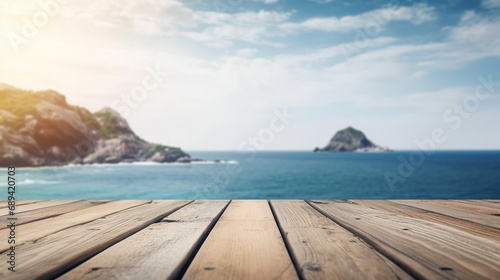   Wooden tabletop for product display at sea with rocky island at horizon background. Copy space  