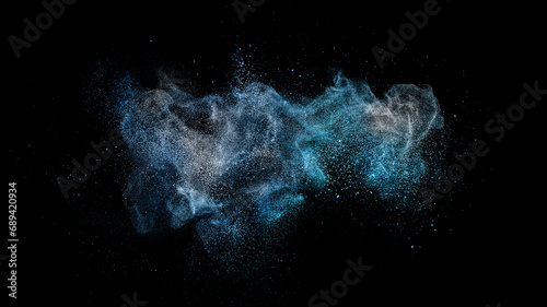 Blue colored cloud stardust glitter in air on black background for overlay blending mode. Stopping the movement of colorful particles of galaxy, selective focus, wide banner