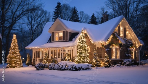Warmly lit Scandinavian house in snowy setting - exterior view, winter ambiance