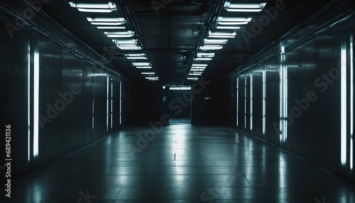 Sci-fi thriller mood in mysterious corridor - fluorescent lights, eerie atmosphere, futuristic passage, industrial look, dark shadows