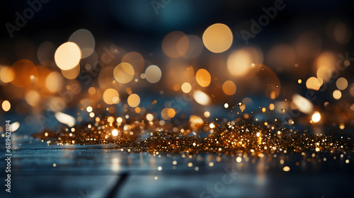 abstract background with Dark blue and gold particle. Christmas Golden light shine particles bokeh on blue background. Gold foil texture.