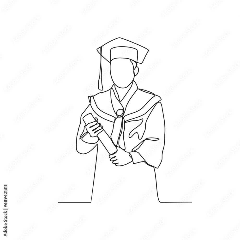 One continuous line drawing of Graduation activities are carried out by students wearing a toga as symbol of graduation vector illustration. Graduation illustration simple linear style design concept