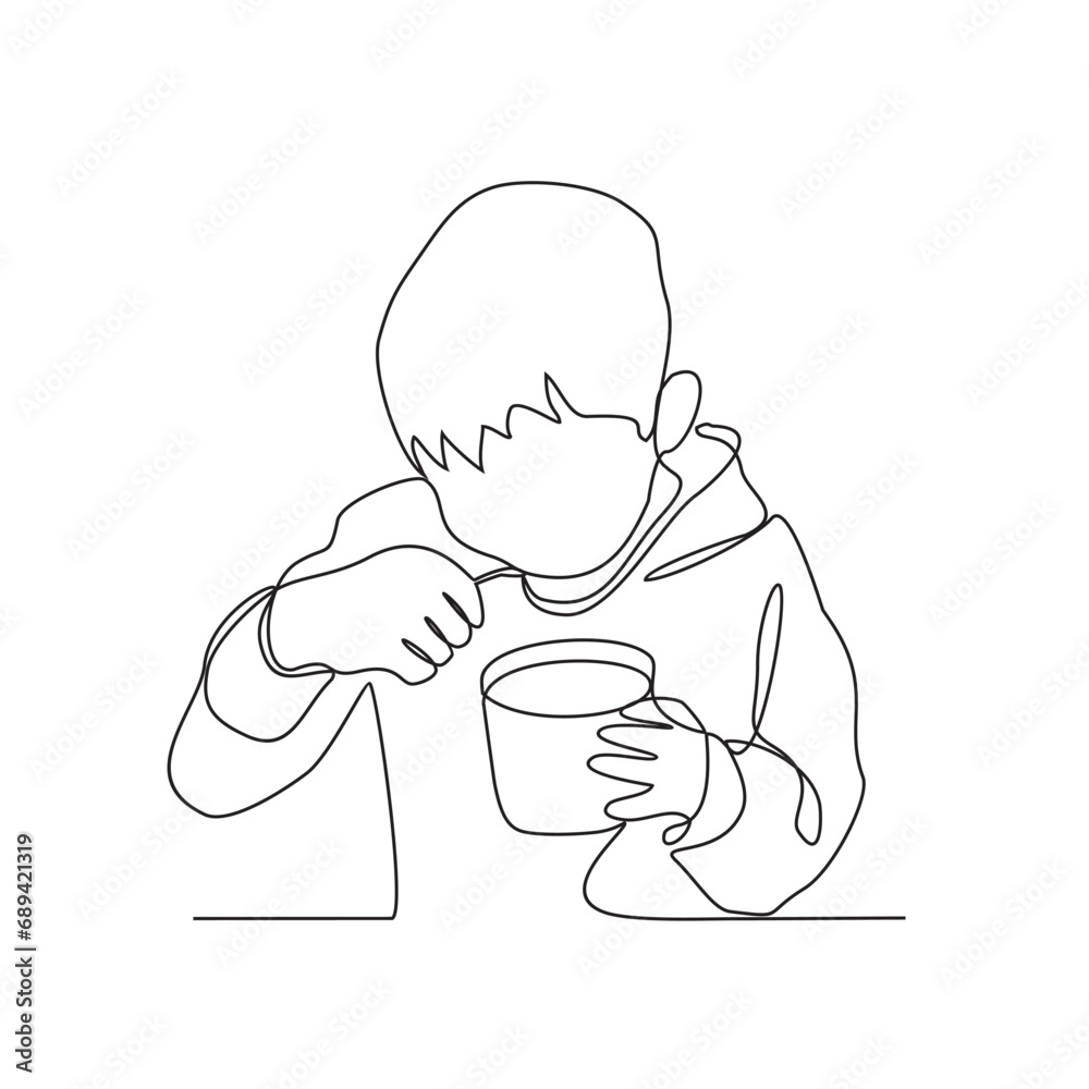 One continuous line drawing of a child is brushing his teeth in the sink vector illustration. Children activity illustration simple linear style vector concept. Education design for your business One continuous line drawing of a child is brushing his teeth in the sink vector illustration. Children activity illustration simple linear style vector concept. Education design for your business