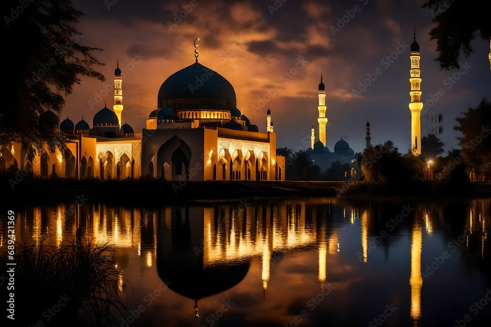 mosque reflected in water city at night showcase the upcoming Ramadan Mubarak.