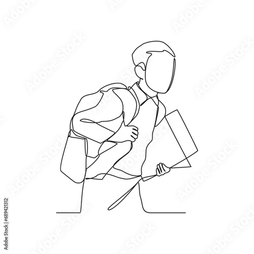 One continuous line drawing of a child is going to school with enthusiasm vector illustration. Children activity illustration simple linear style vector concept. Education design for your asset.