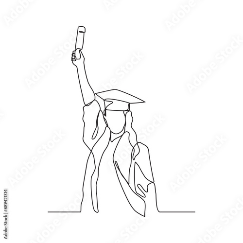 One continuous line drawing of Graduation activities are carried out by students wearing a toga as symbol of graduation vector illustration. Graduation illustration simple linear style design concept