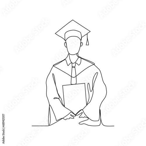 One continuous line drawing of Graduation activities are carried out by students wearing a toga as symbol of graduation vector illustration. Graduation illustration simple linear style design concept