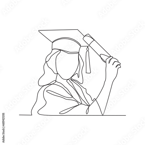One continuous line drawing of Graduation activities are carried out by students wearing a toga as symbol of graduation vector illustration. Graduation illustration simple linear style design concept