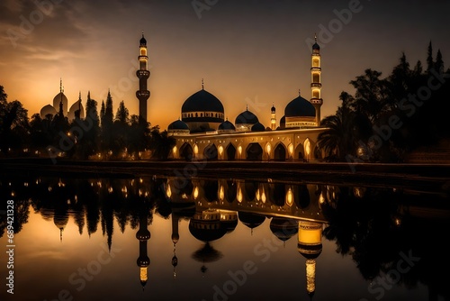 A tranquil river reflecting the illuminated lights of a mosque, symbolizing the spirit of Ramadan Mubarak. © Ibrar Artist