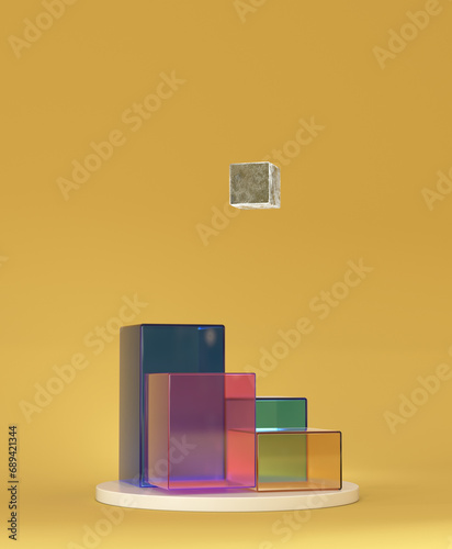Conceptual Abstract Transparent Cubes on Podium Background