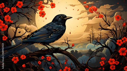 Art life of bird in nature, block print style dark fantasy style © Clipart Collectors