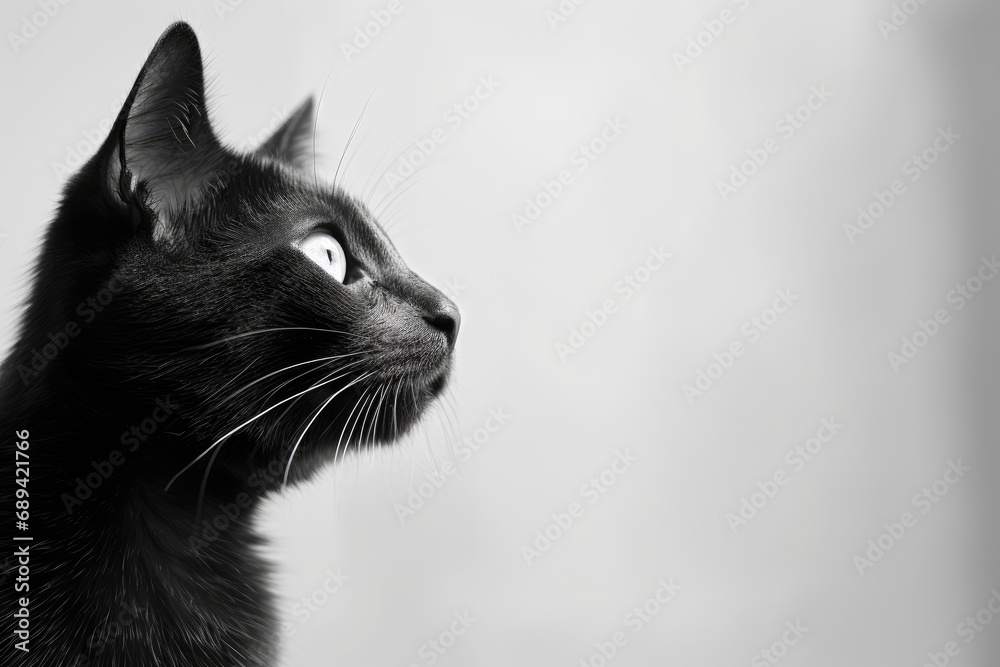 Elegant cat with a serious gaze, text space, monochrome