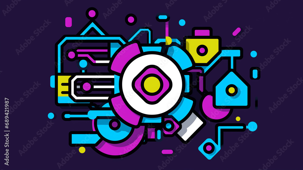 An illustration of circuits and gears in a fun, vibrant line art style. Generative AI. 