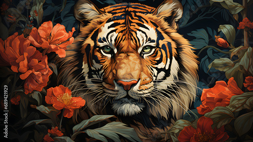 Art life of tiger in nature  block print style  high detail