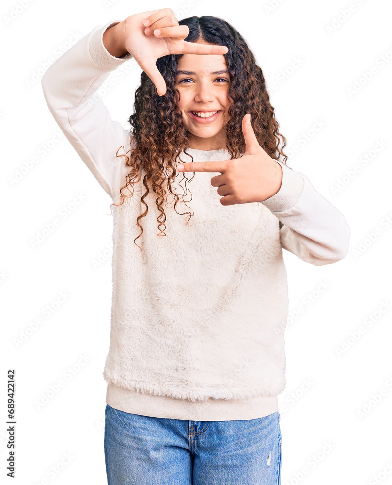 Beautiful kid girl with curly hair wearing casual clothes smiling making frame with hands and fingers with happy face. creativity and photography concept. Beautiful kid girl with curly hair wearing casual clothes smiling making frame with hands and fingers with happy face. creativity and photography concept.