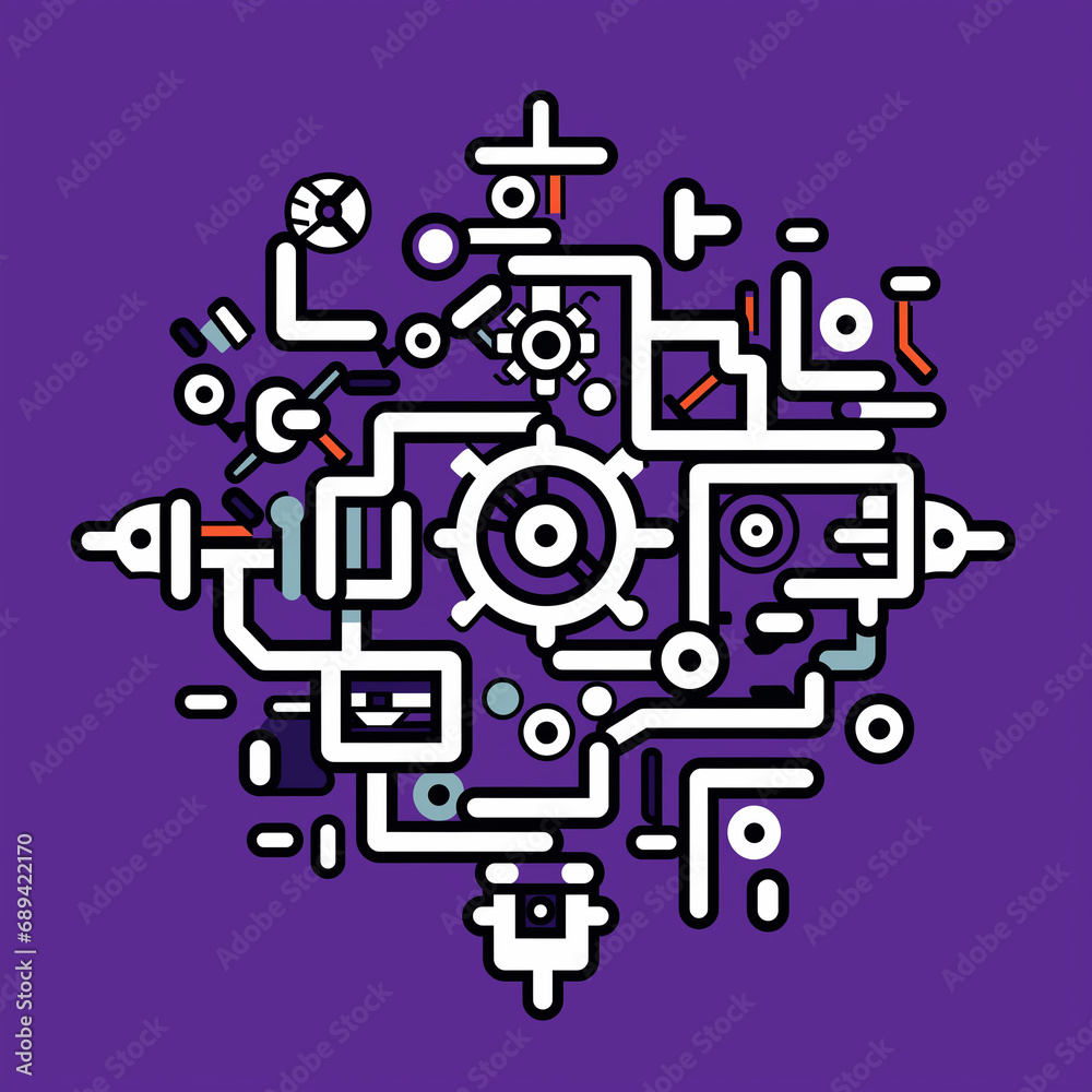 An illustration of circuits and gears in a fun, vibrant line art style. Generative AI. 