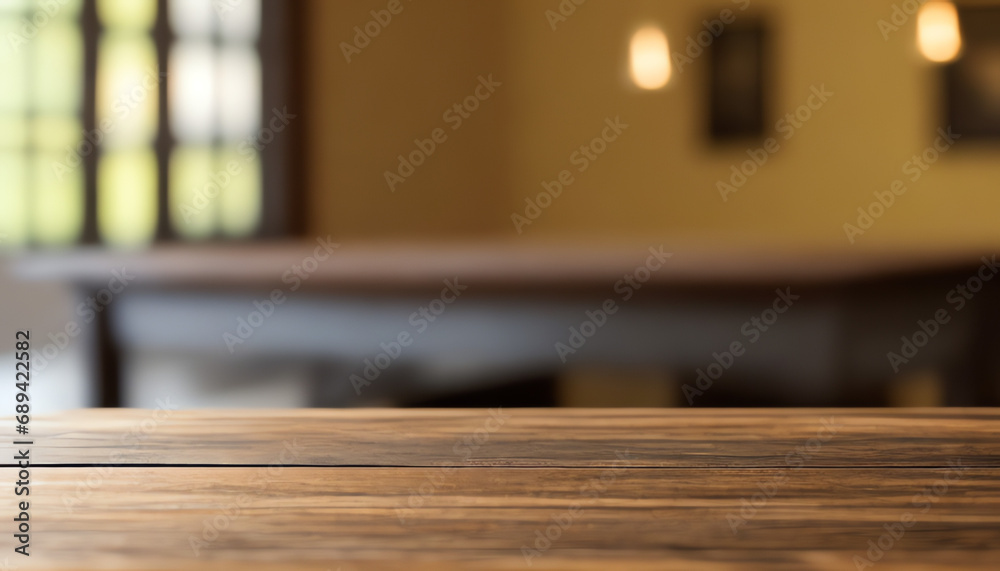 Empty table top in living room blur background with warm beautiful bokeh.