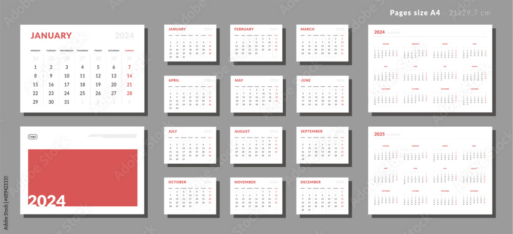 Set of Monthly page Calendar Planner Template 2024, cover with Place for Photo and Company Logo and annual calendar of 2025. Isolated Vector layout of a wall or desk calendar with week start Monday Set of Monthly page Calendar Planner Template 2024, cover with Place for Photo and Company Logo and annual calendar of 2025. Isolated Vector layout of a wall or desk calendar with week start Monday