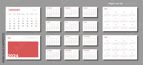 Set of Monthly page Calendar Planner Template 2024  cover with Place for Photo and Company Logo and annual calendar of 2025. Isolated Vector layout of a wall or desk calendar with week start Monday