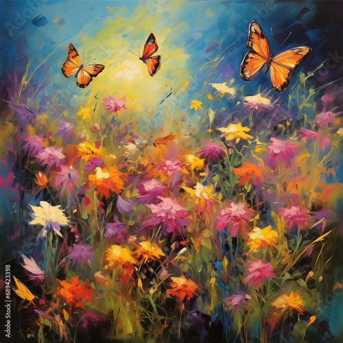  A swarm of colorful butterflies in a meadow, with flowers in bloom. The style is impressionistic, reminiscent of Claude Monet. The lighting is bright and natural,generative ai.