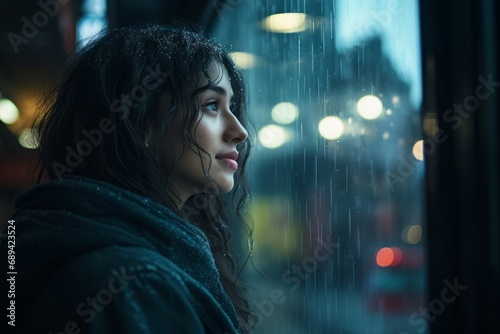 Woman looking out a rainy window, a contemplative moment capturing the essence of urban solitude.