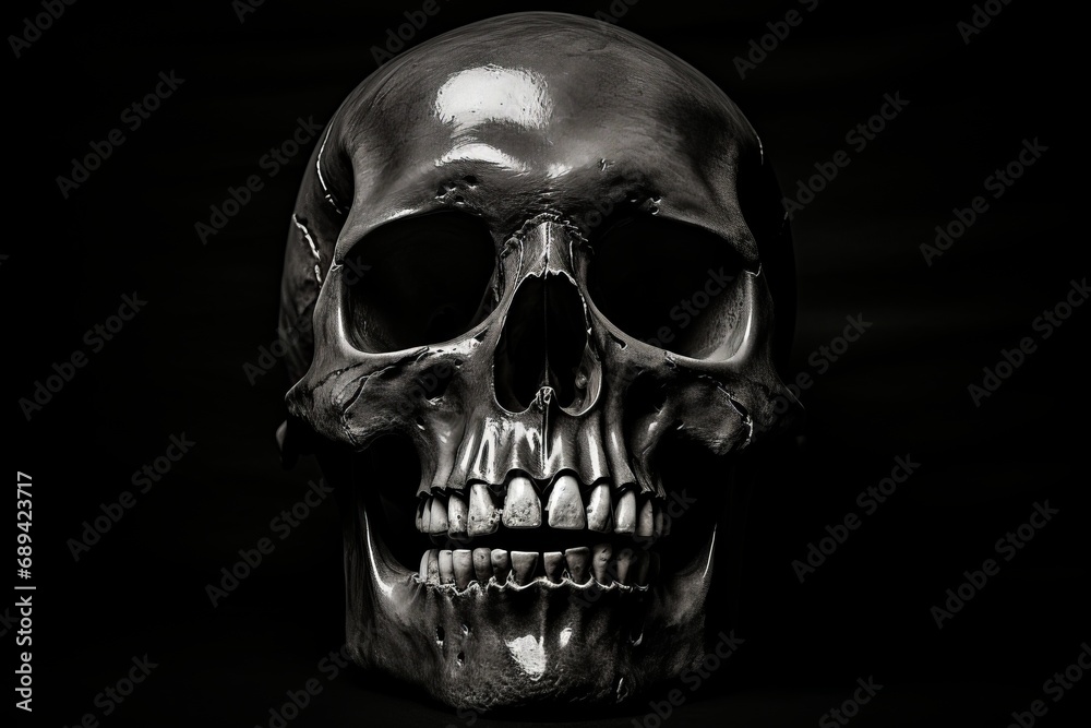 Obraz premium Human skull isolated on black background, a stark representation of mortality and the transient nature of life.