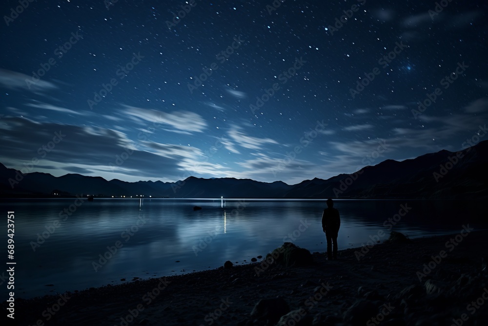 Person silhouetted against a star-filled sky and tranquil lake, a scene of night-time serenity and cosmic wonder. Person silhouetted against a star-filled sky and tranquil lake, a scene of night-time serenity and cosmic wonder.