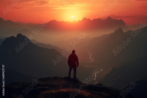 Person standing on a mountain at sunset, with a vast valley below and a sun-kissed sky above. © Kishore Newton