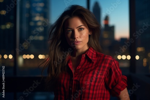 Urban portrait of a woman with the city lights behind her, capturing the essence of city life at dusk.