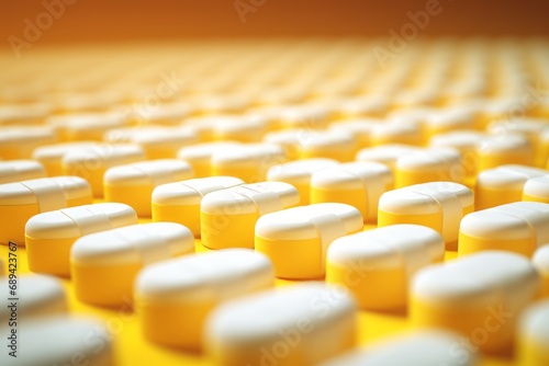 Pattern of yellow pills, a symbol of medical uniformity and pharmaceutical precision. photo